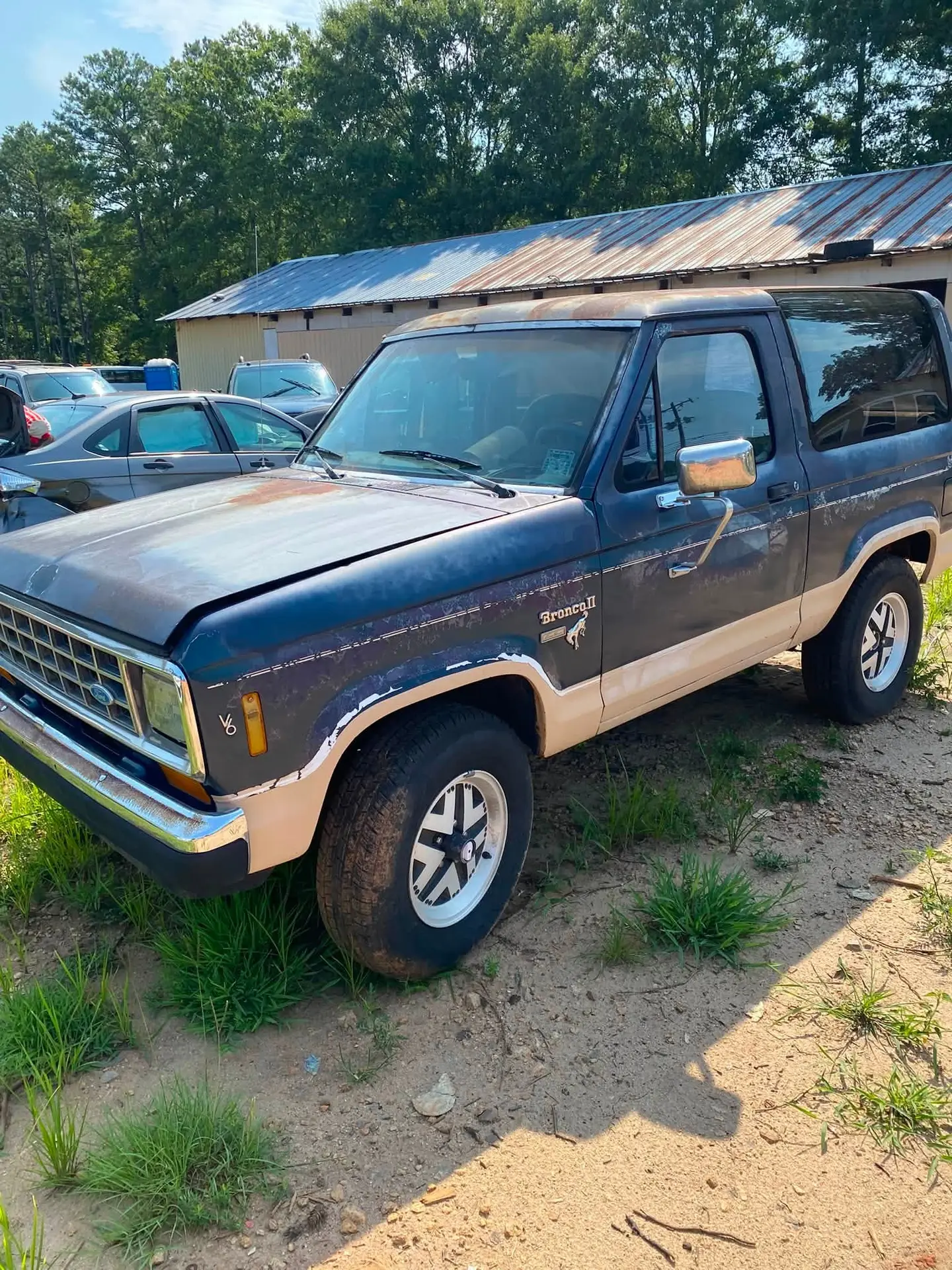 A blue Ford Bronco at Ike’s Auto Salvage in Greenwood, South Carolina